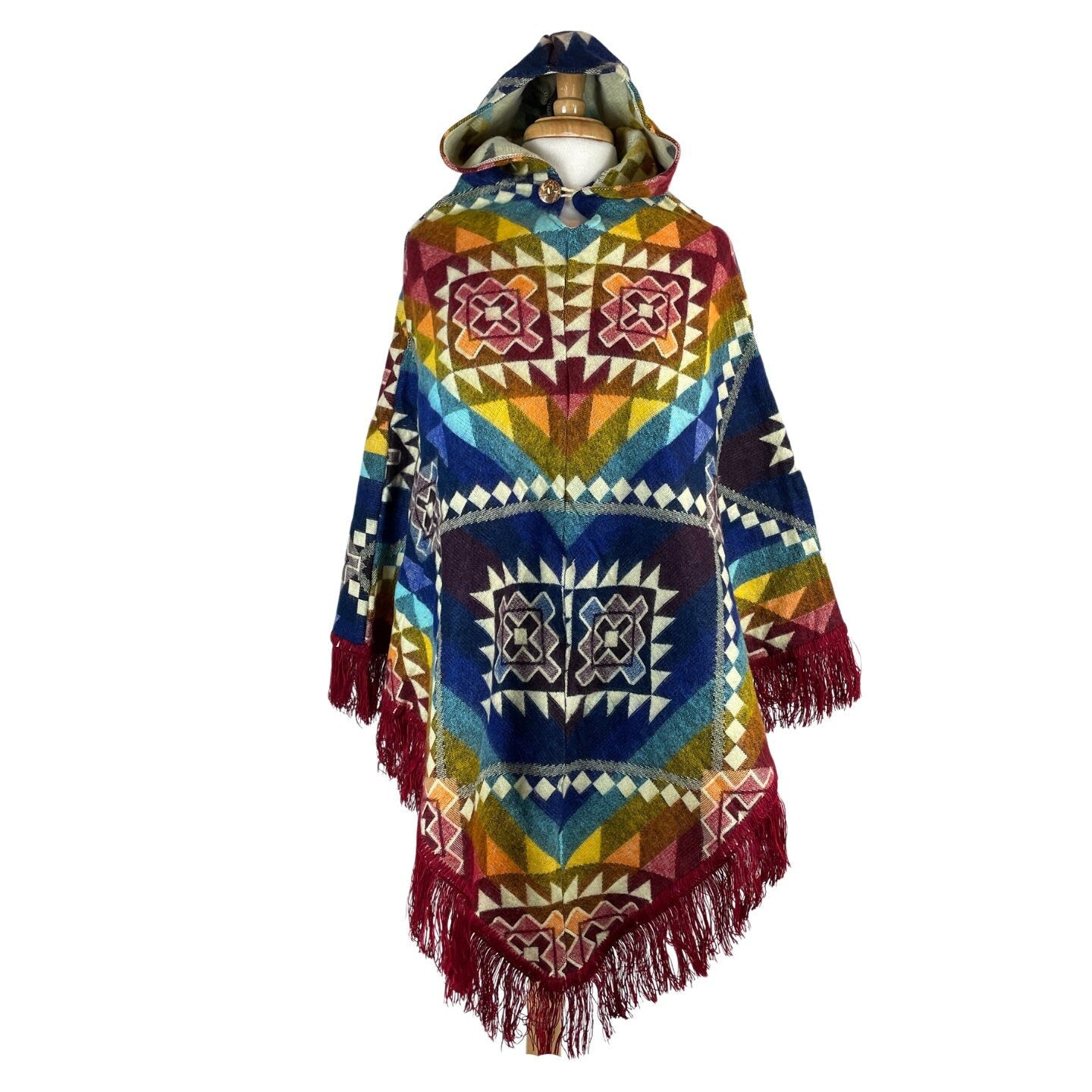 V-Shaped Alpaca Hooded Poncho | Blue Colorful Red Colorful