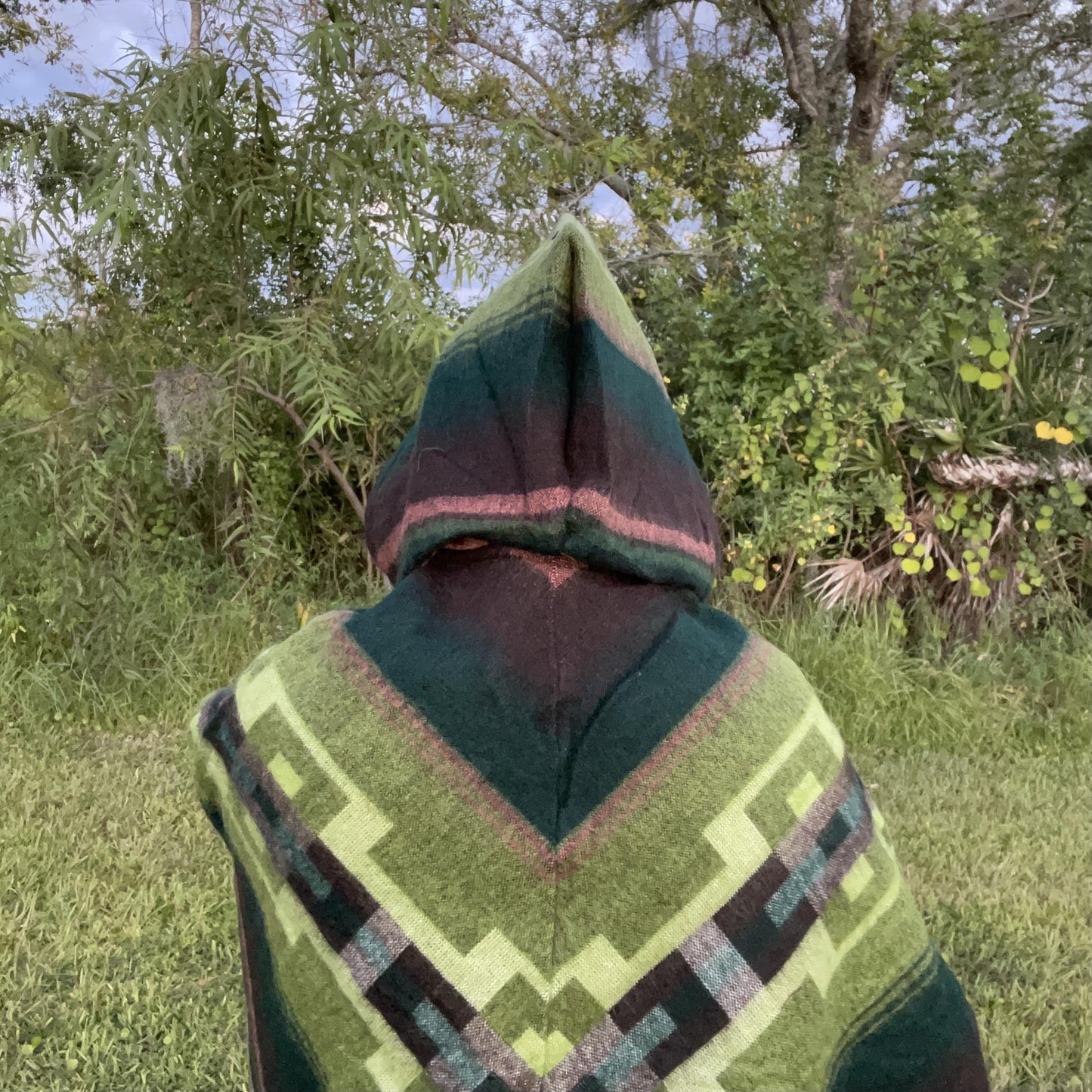 V Shaped Hooded Alpaca Poncho | Green Black
