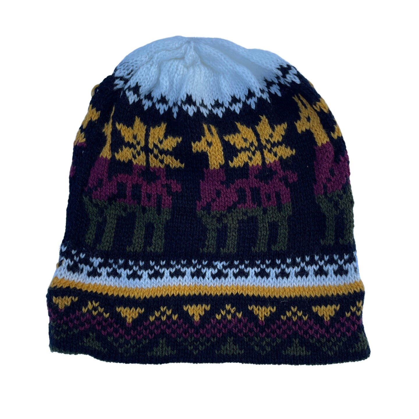 Knitted Alpaca Beanie Hat | Llama White Black Purple