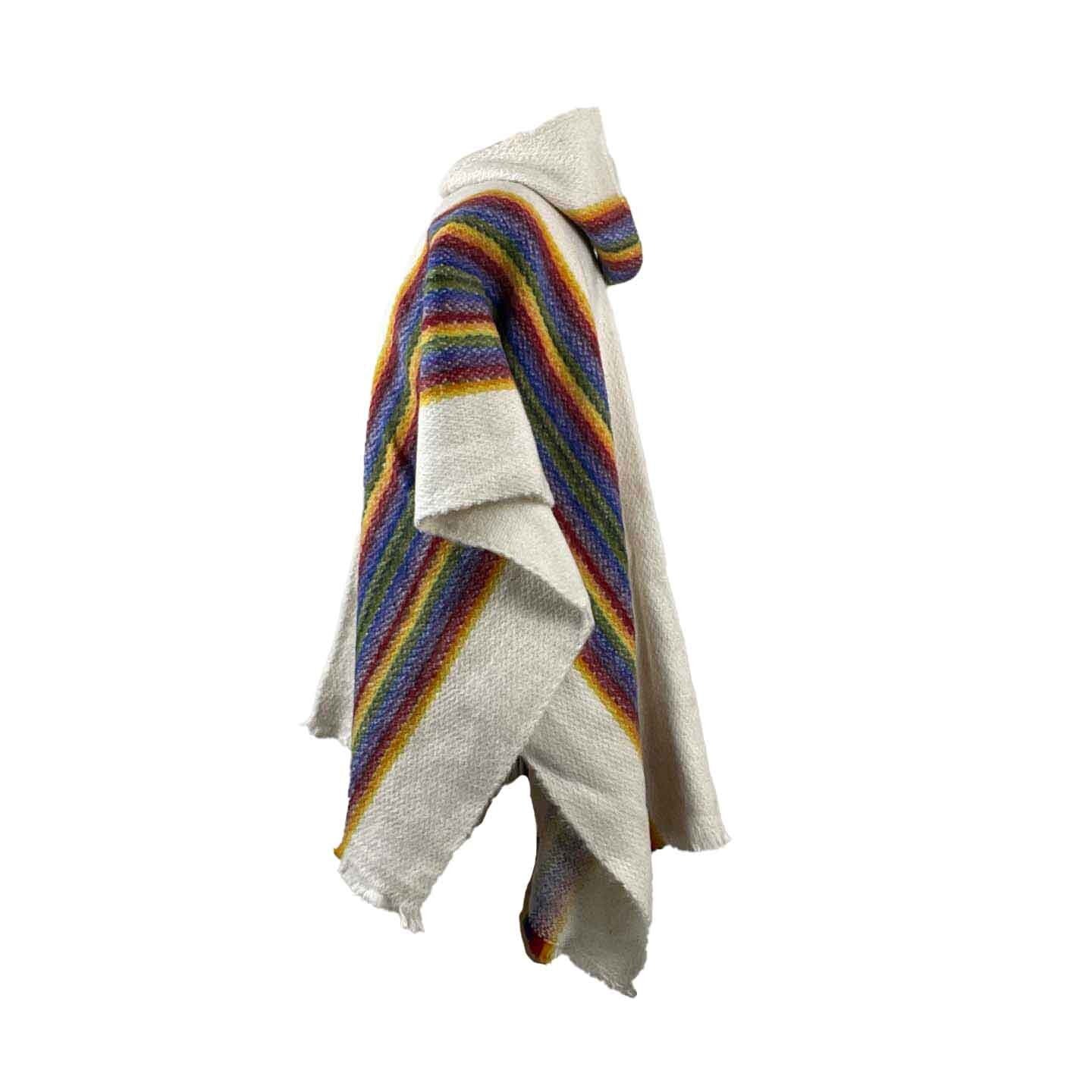 Weighted White Rainbow Hooded Wool Poncho