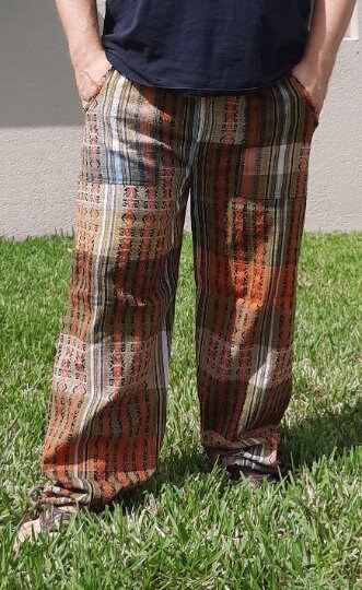 Pants Size L | Boho Womens Pants | Men Hippie Pants | Orange Mustard Black | Lounge Wear | Father's Day Gift