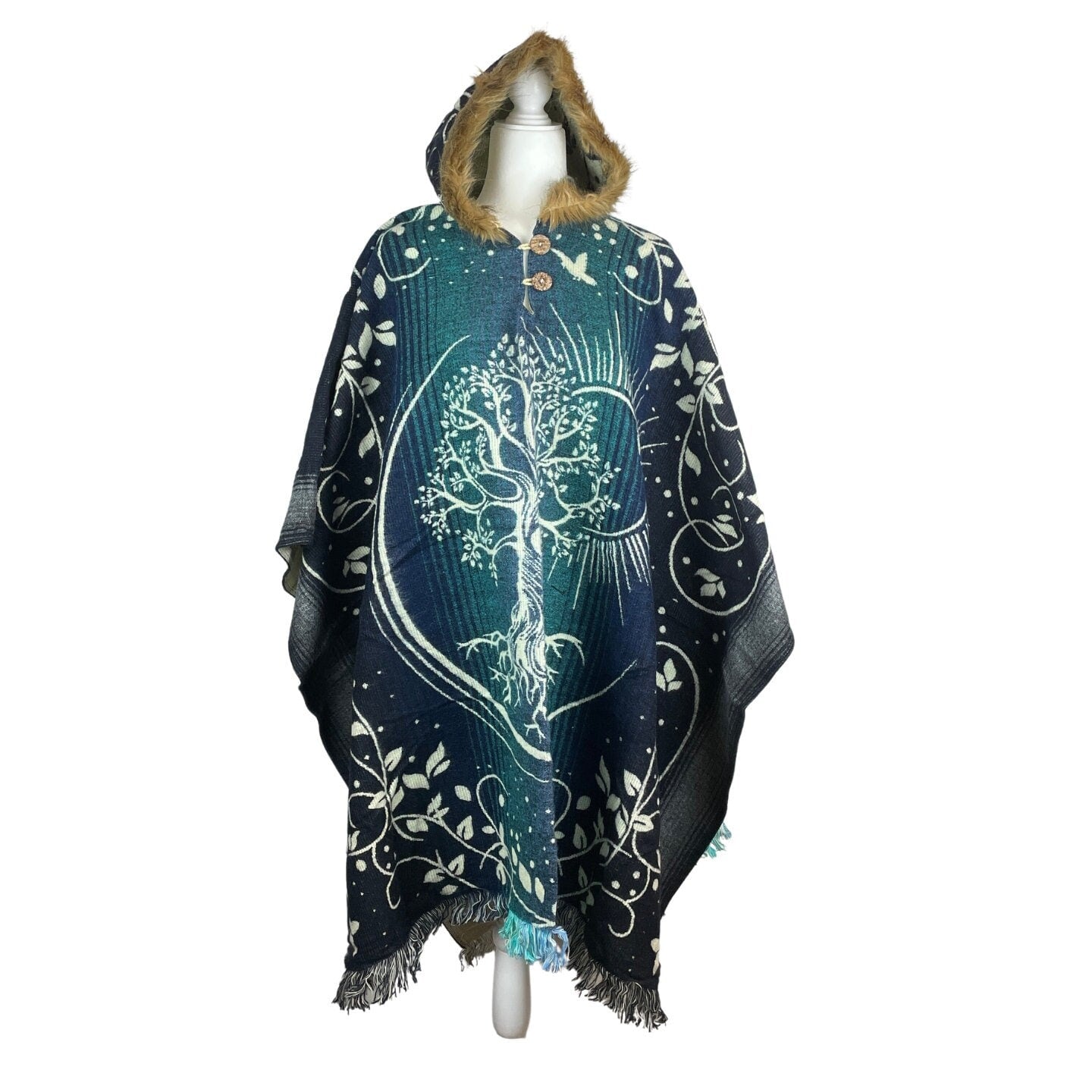 Tree of Life and Sun Warm Faux Fur Hoodie Poncho | Dusty Blue