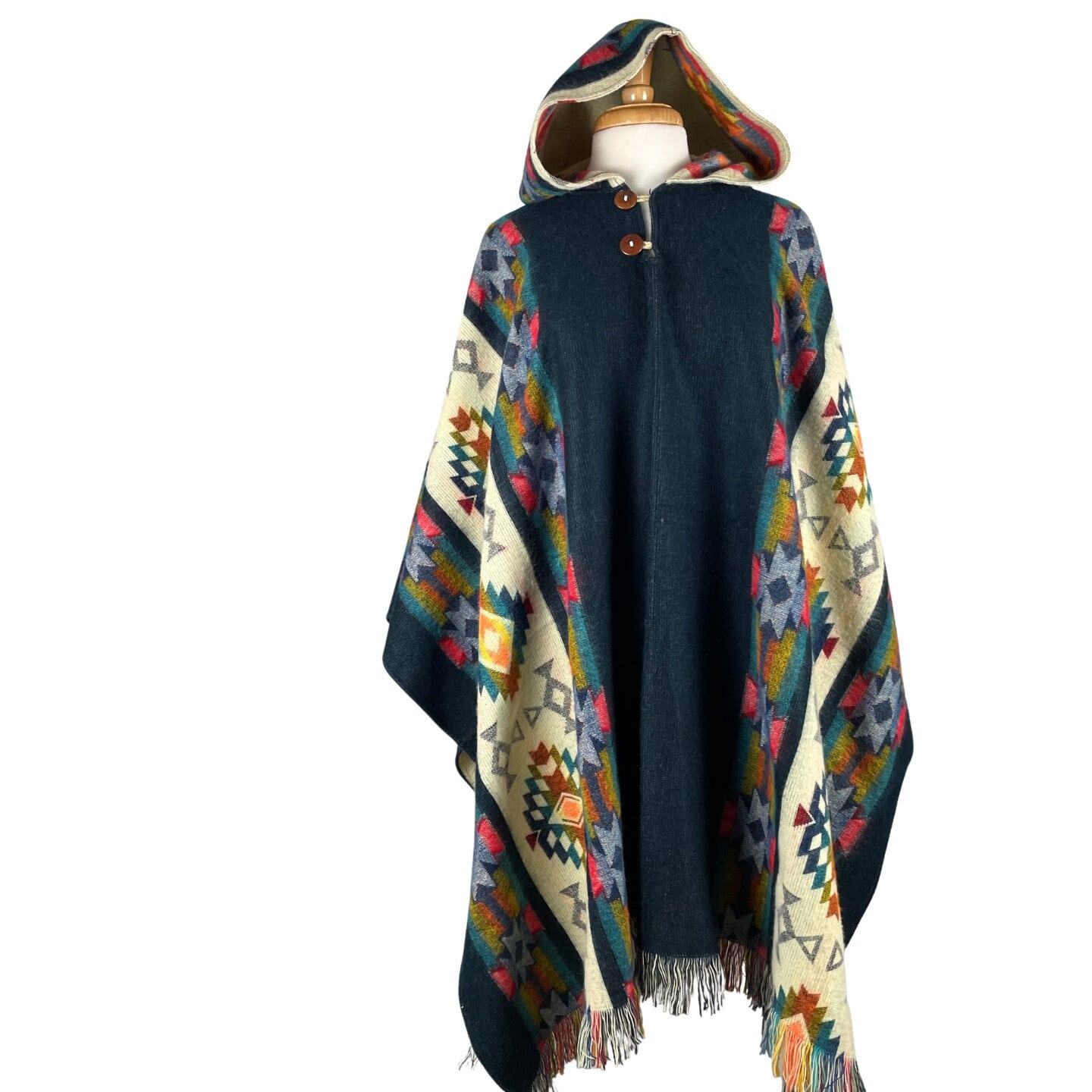 Warm Hooded Alpaca Poncho | Blue Beige Colorful