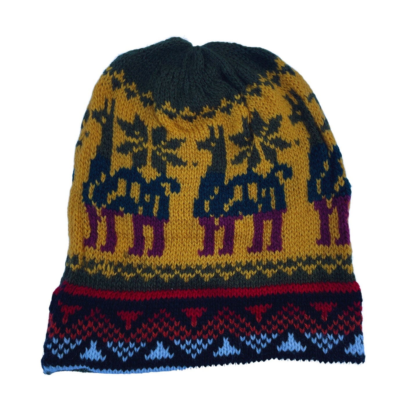 Knitted Beanie Hat | Llama Olive Mustard