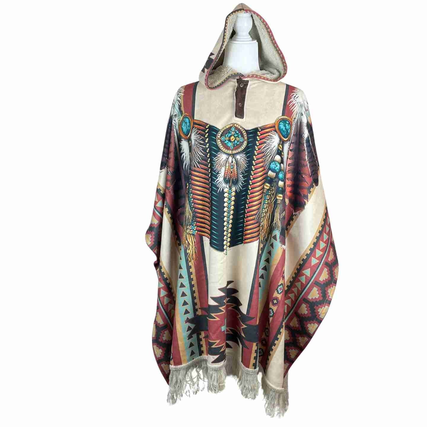 Unisex Sherpa Hooded Poncho - Feathers Tan Black