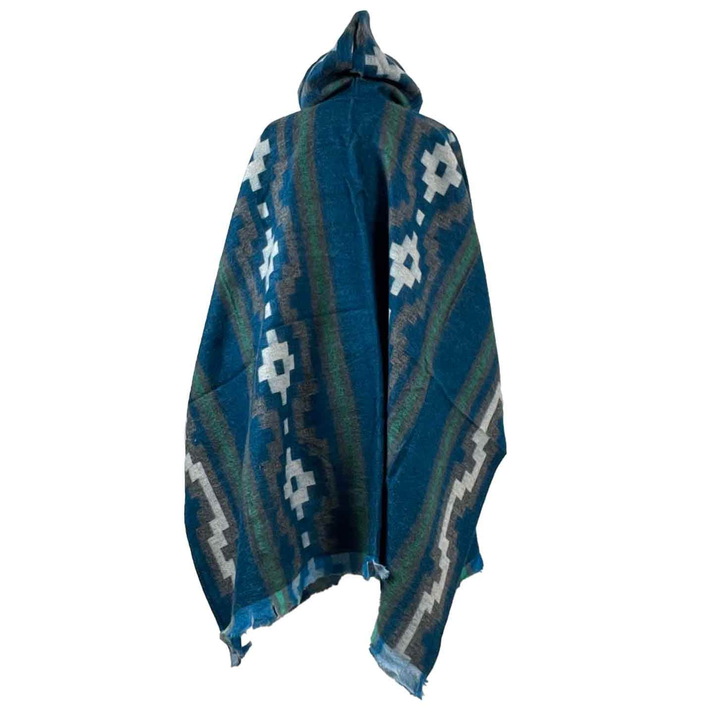 Versatile Hooded Boho Hippie Poncho | Blue Teal Gray