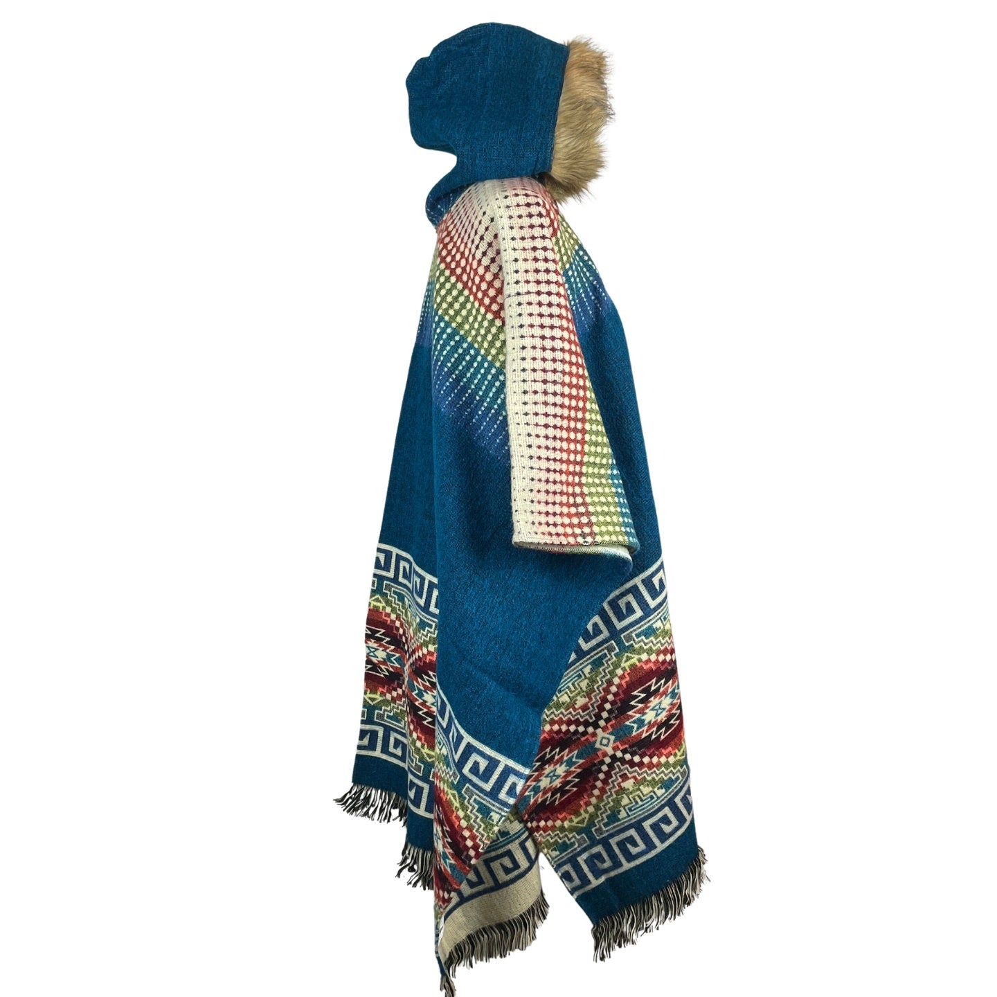 Warm Faux Fur Hooded Hippie Poncho | Lapis Lazuli Colorful