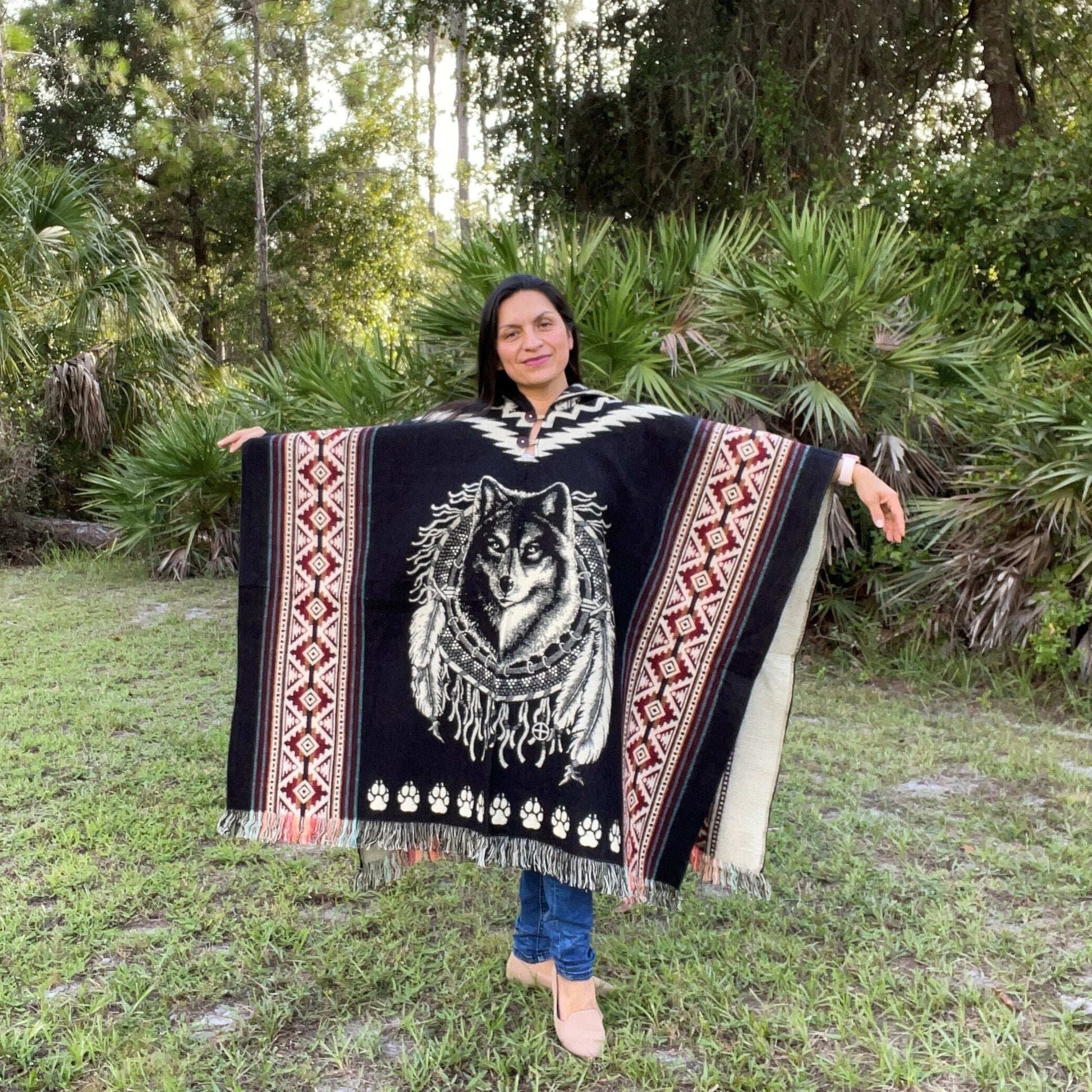 Wolf Unisex Alpaca Poncho for Women & Men | Black Red