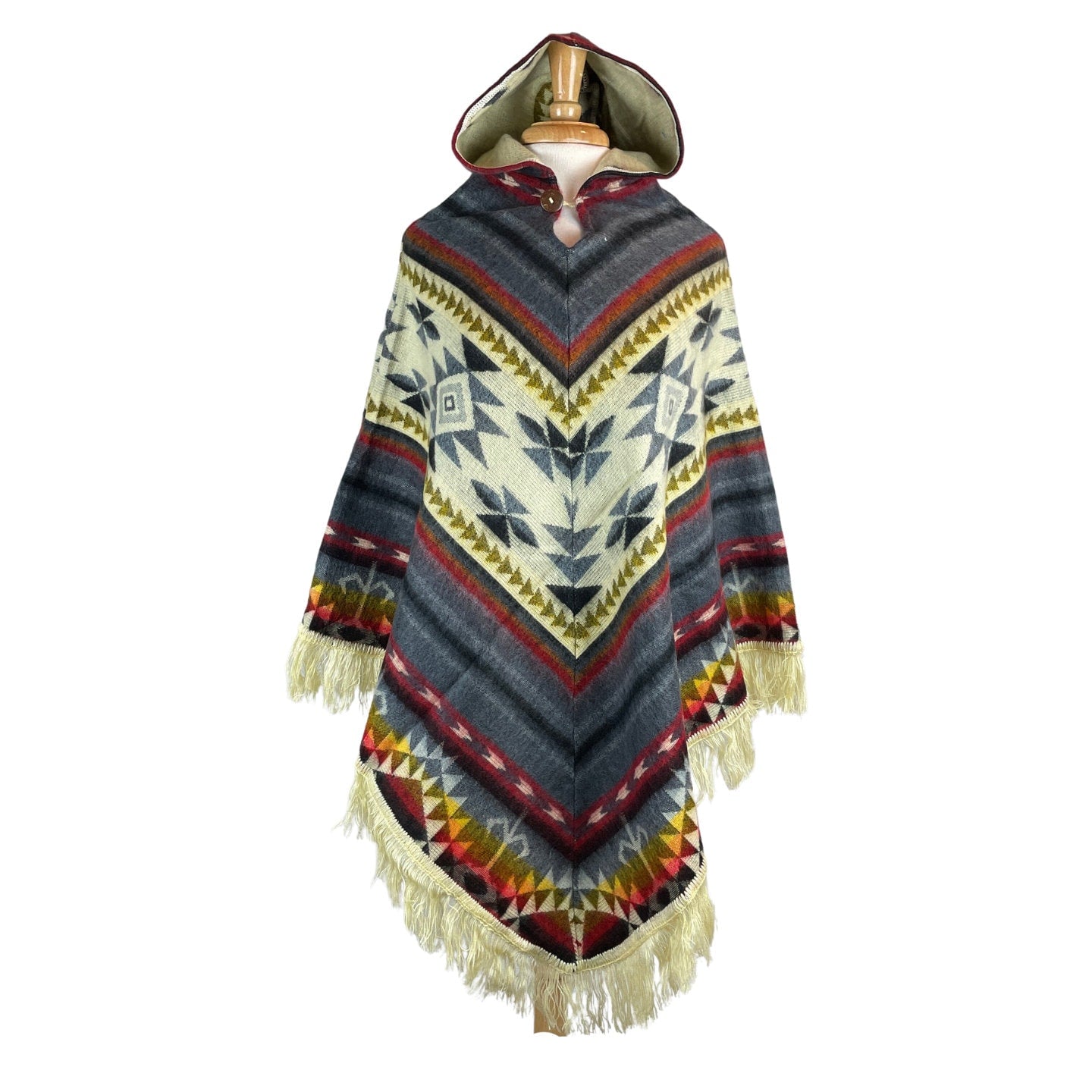 V-Shaped Alpaca Hooded Poncho | Gray Beige Red Colorful
