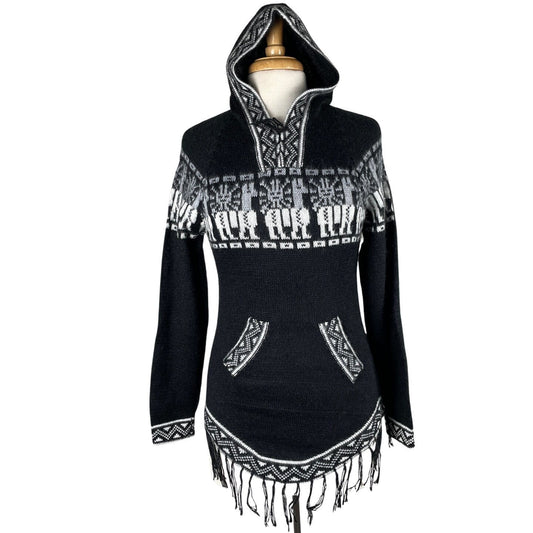 Soft Hooded Alpaca Sweater Pullover | Black White