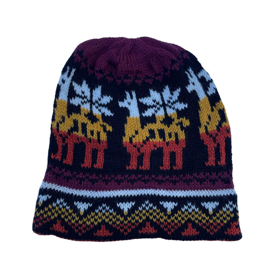 Knitted Alpaca Beanie Hat | Llama Maroon Yellow