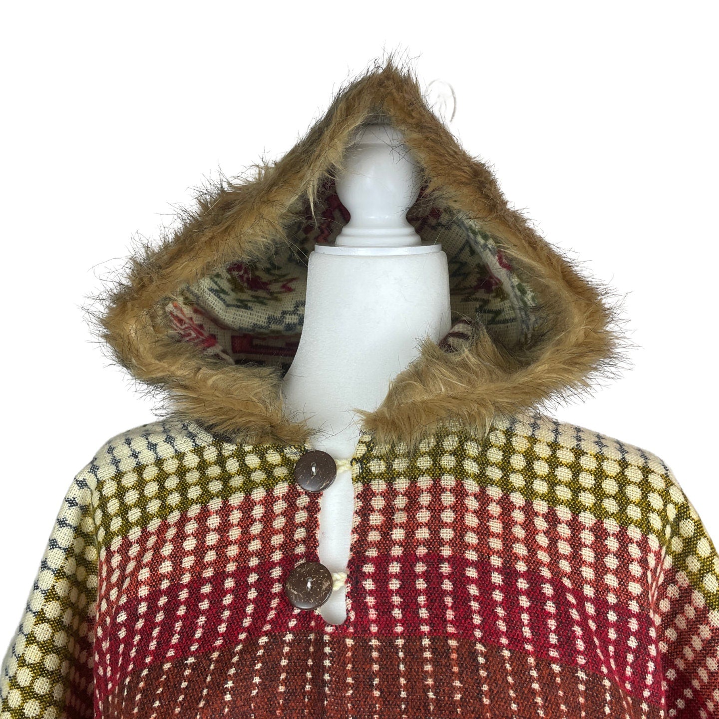 Faux Fur Hooded Hippie Poncho | Dark Maroon Red Beige