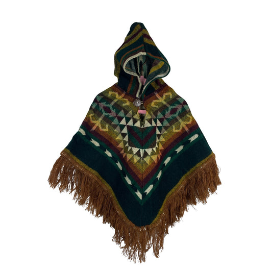 Hooded Alpaca Wool Baby Poncho 0-12 months | Kids Overcoat for Fall and Winter | Emerald Copper