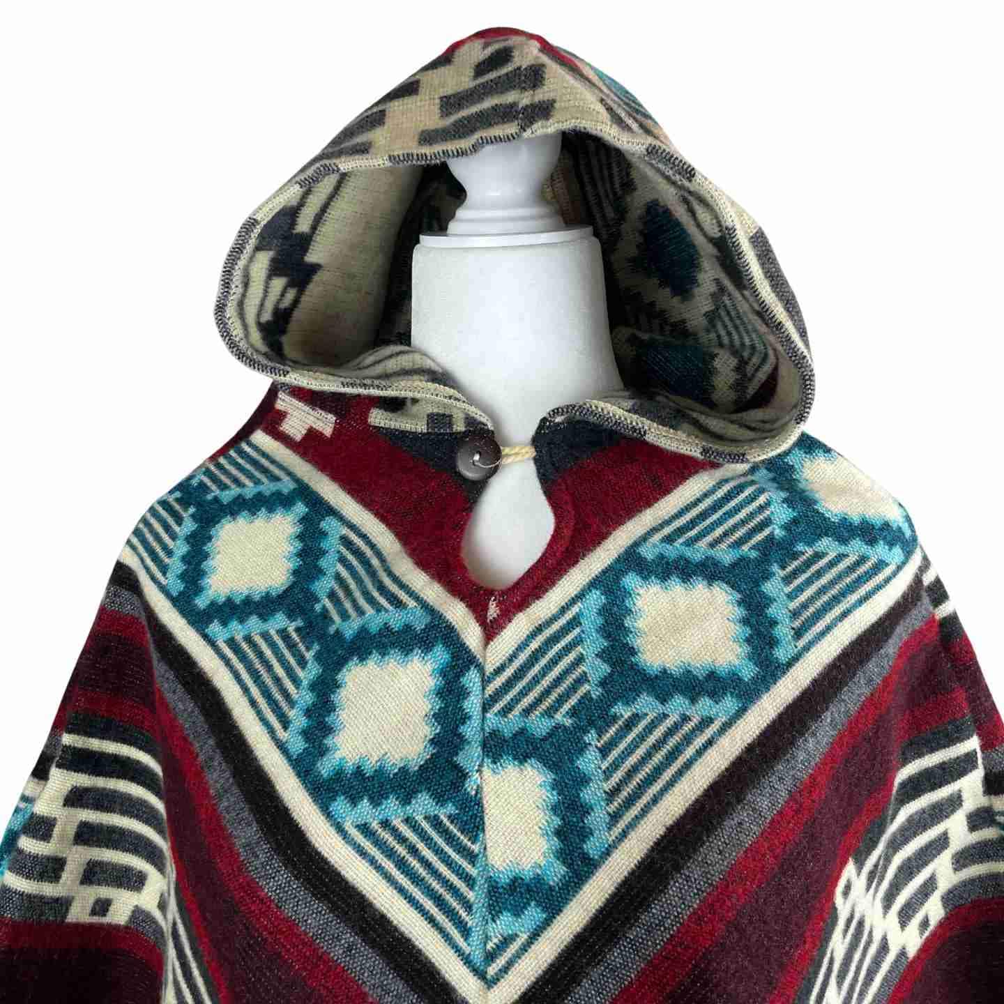 Warm Cozy Boho Alpaca Wool Hooded Poncho - Winter Soft Outerwear for Women, Wine Beige Teal V Style Cape with Tassels