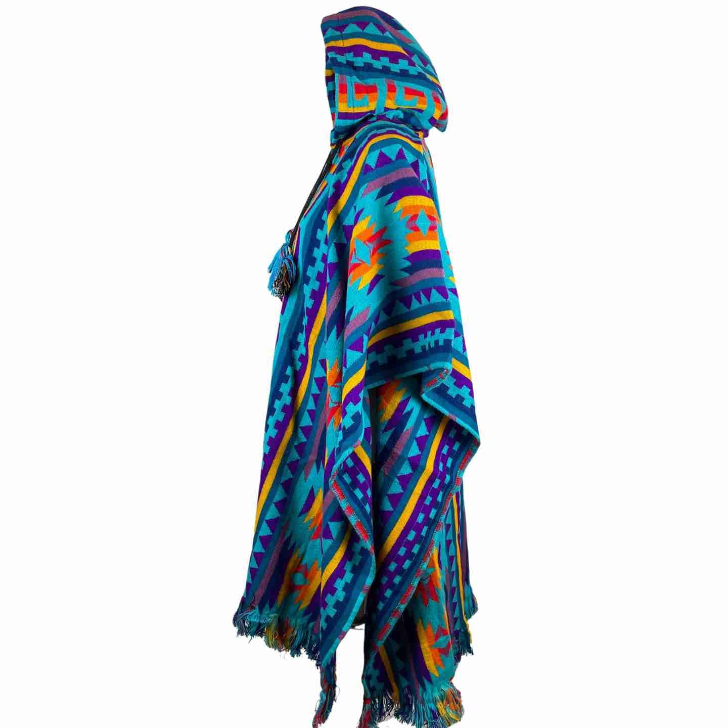Stylish Men's Hooded Poncho | Teal Yellow Red