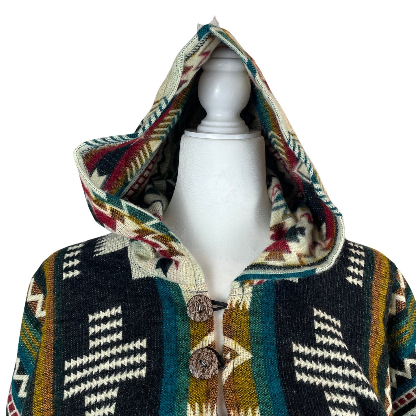 Warm Alpaca Wool Poncho Hoodie | Black Green Beige