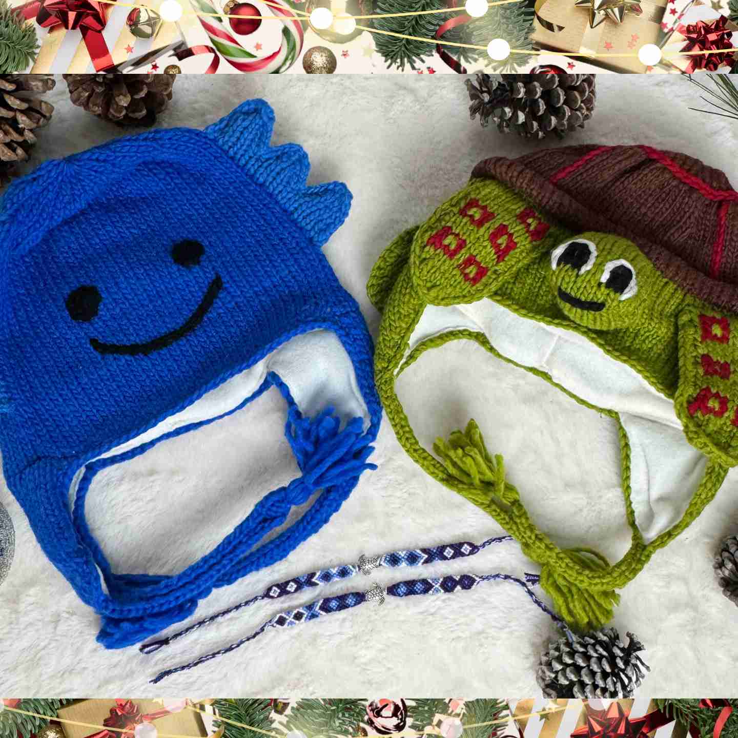Kids Snow Bundle Two Winter Hats and Two Friendship Bracelets