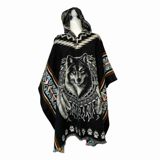 Wolf Hooded Poncho, Boho Tribal Blanket Cape with Wolf Design, Cozy Festival Poncho