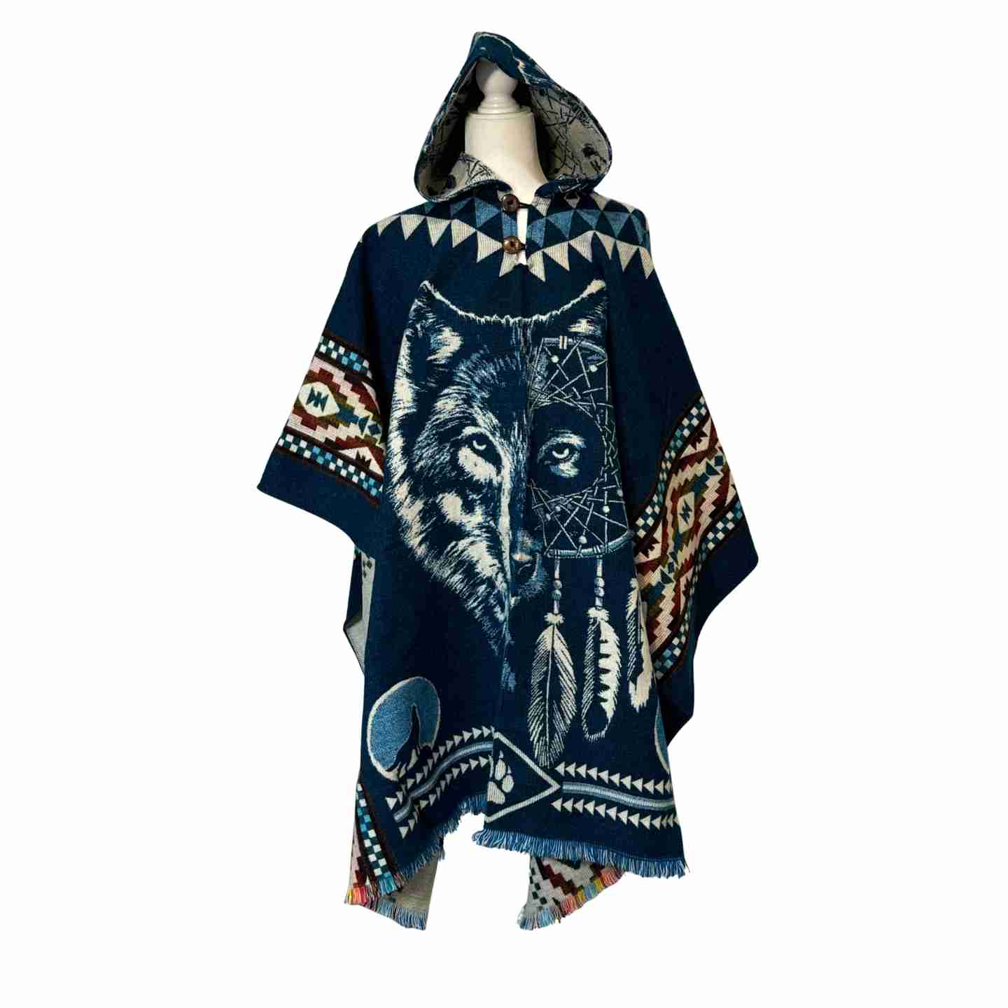 Wolf Hooded Poncho, Boho Tribal Blanket Cape with Wolf Design, Cozy Festival Poncho