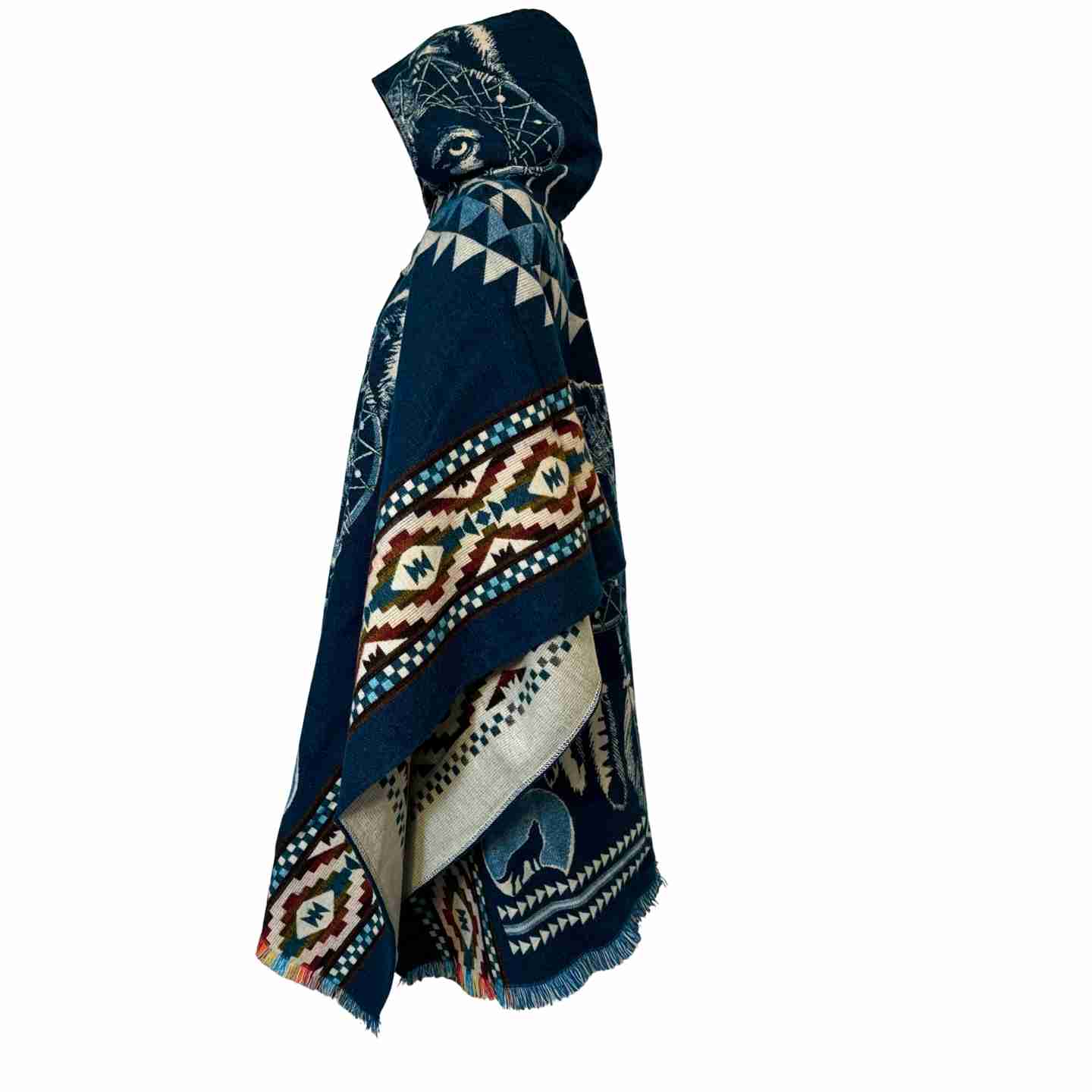 Wolf Hooded Poncho, Boho Tribal Blanket Cape with Wolf Design, Cozy Festival Poncho