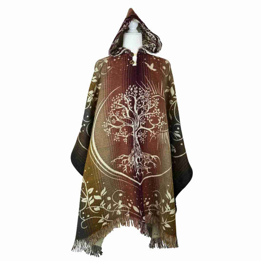 Tree of Life Hooded Poncho, Unisex Boho Festival Cape, Sun & Nature Design, Cozy Fall/Winter Wrap