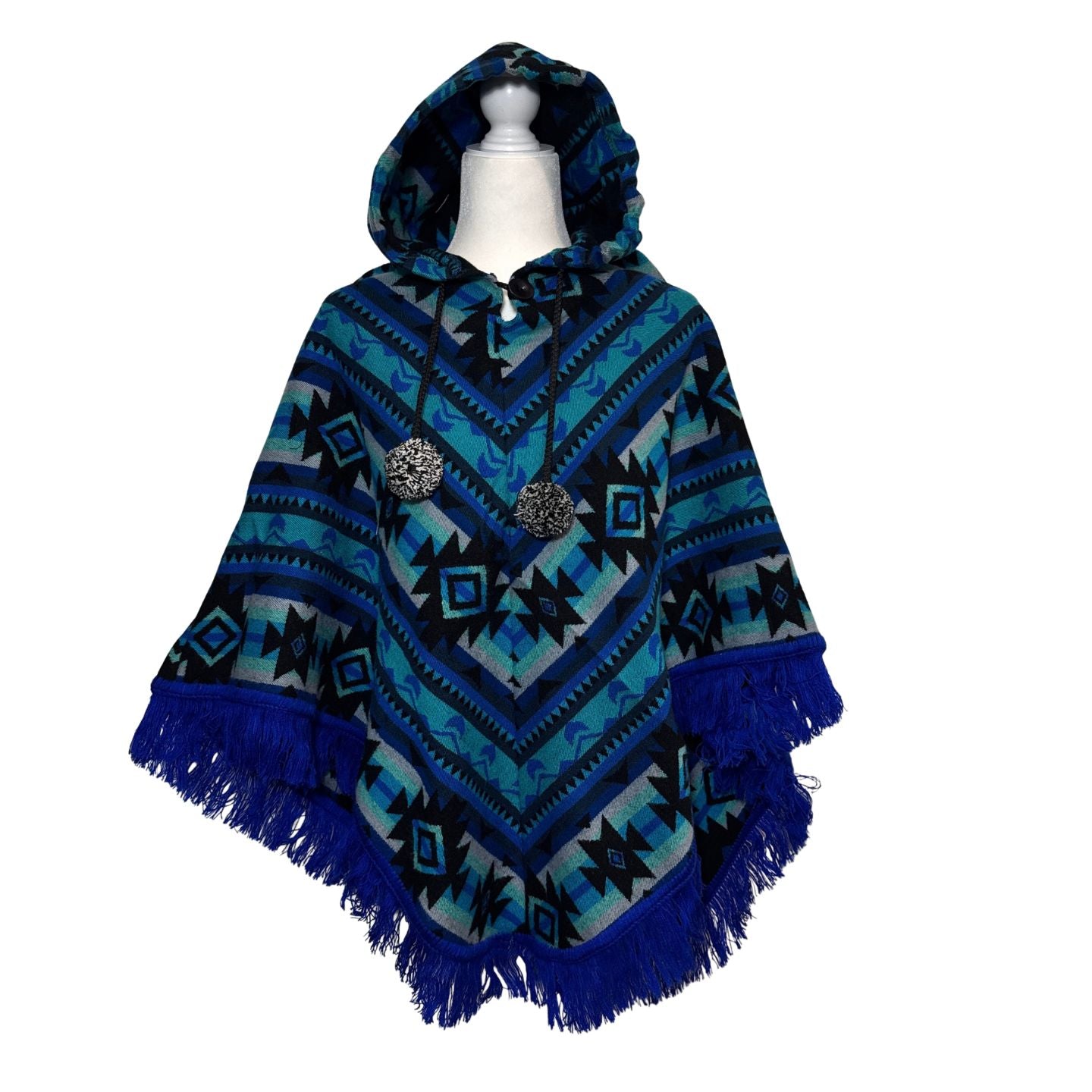 Hooded V-Shaped Poncho with Geometric Stripes & Pom-Poms