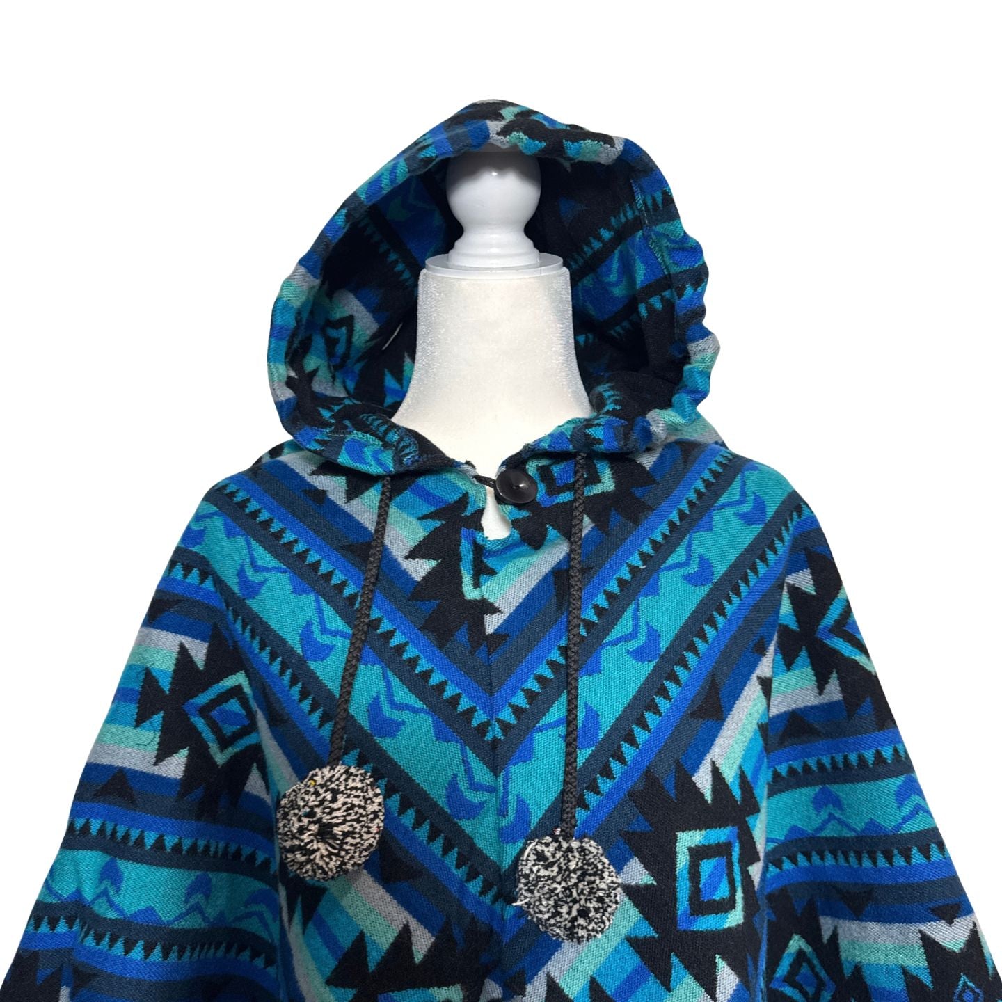 Hooded V-Shaped Poncho with Geometric Stripes & Pom-Poms