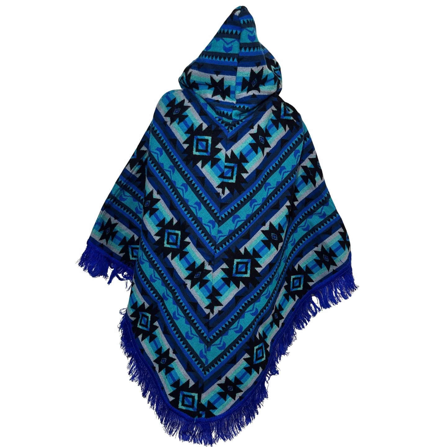 Hooded V-Shaped Poncho with Geometric Stripes & Pom-Poms