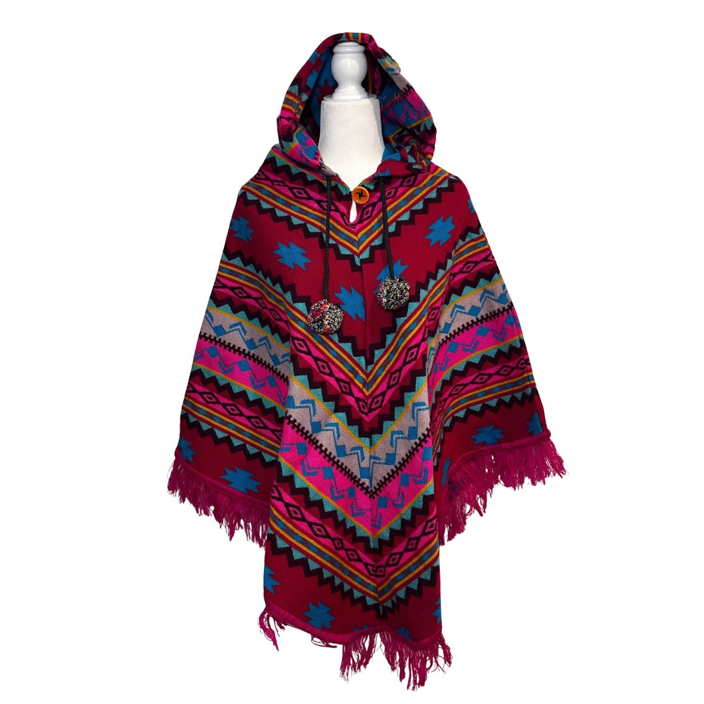 Hooded V-Shaped Poncho with Geometric Stripes & Pom-Poms