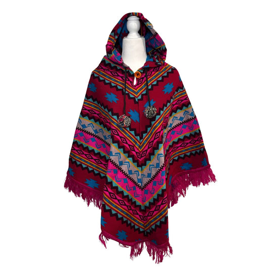 Hooded V-Shaped Poncho with Geometric Stripes & Pom-Poms