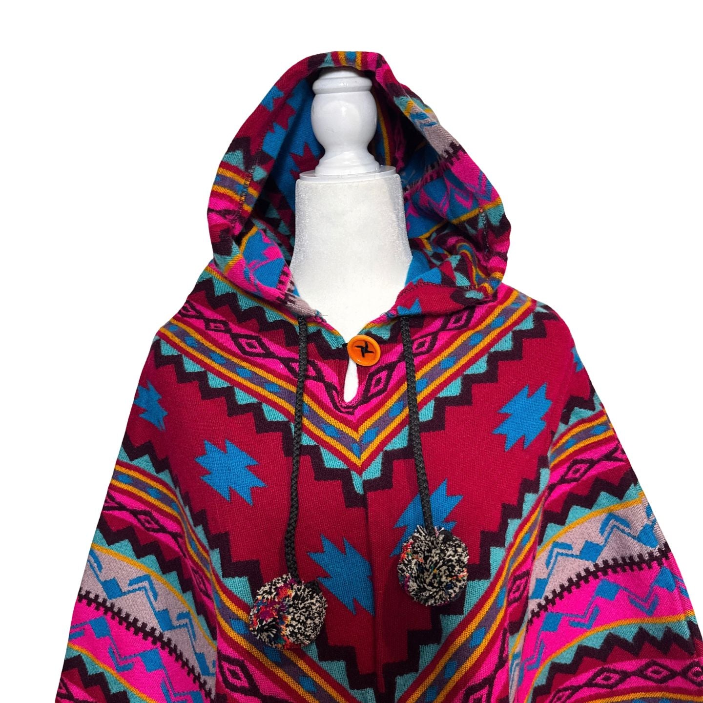 Hooded V-Shaped Poncho with Geometric Stripes & Pom-Poms