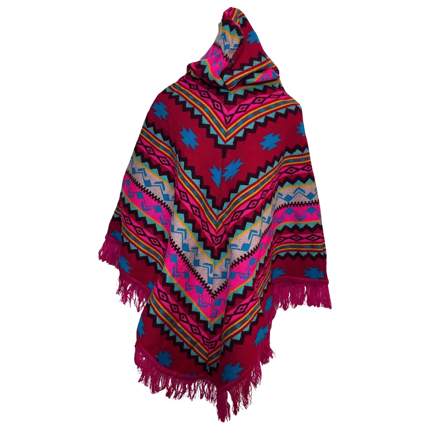 Hooded V-Shaped Poncho with Geometric Stripes & Pom-Poms