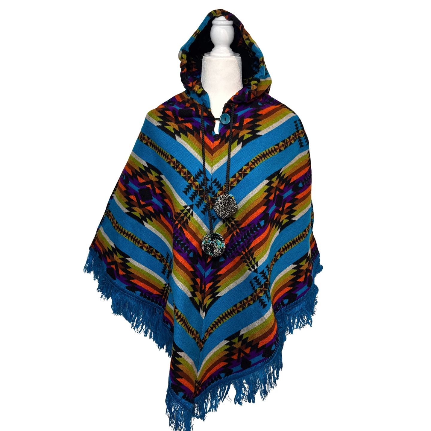 Hooded V-Shaped Poncho with Geometric Stripes & Pom-Poms