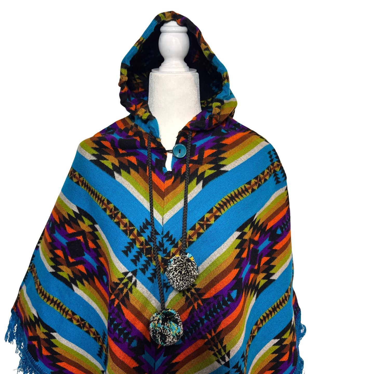 Hooded V-Shaped Poncho with Geometric Stripes & Pom-Poms