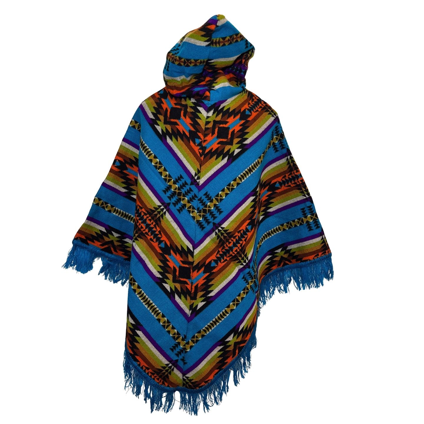 Hooded V-Shaped Poncho with Geometric Stripes & Pom-Poms