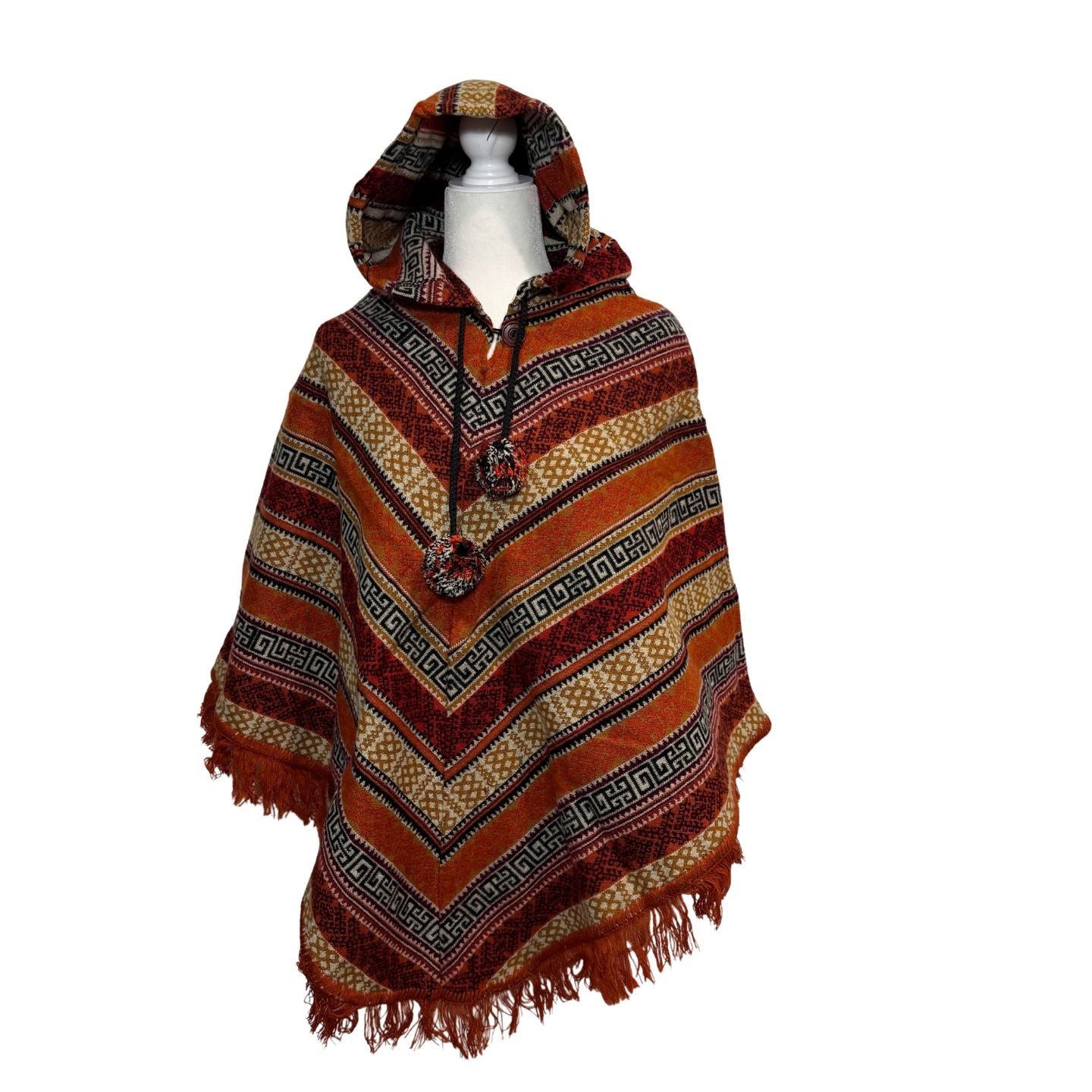 Hooded V-Shaped Poncho with Geometric Stripes & Pom-Poms