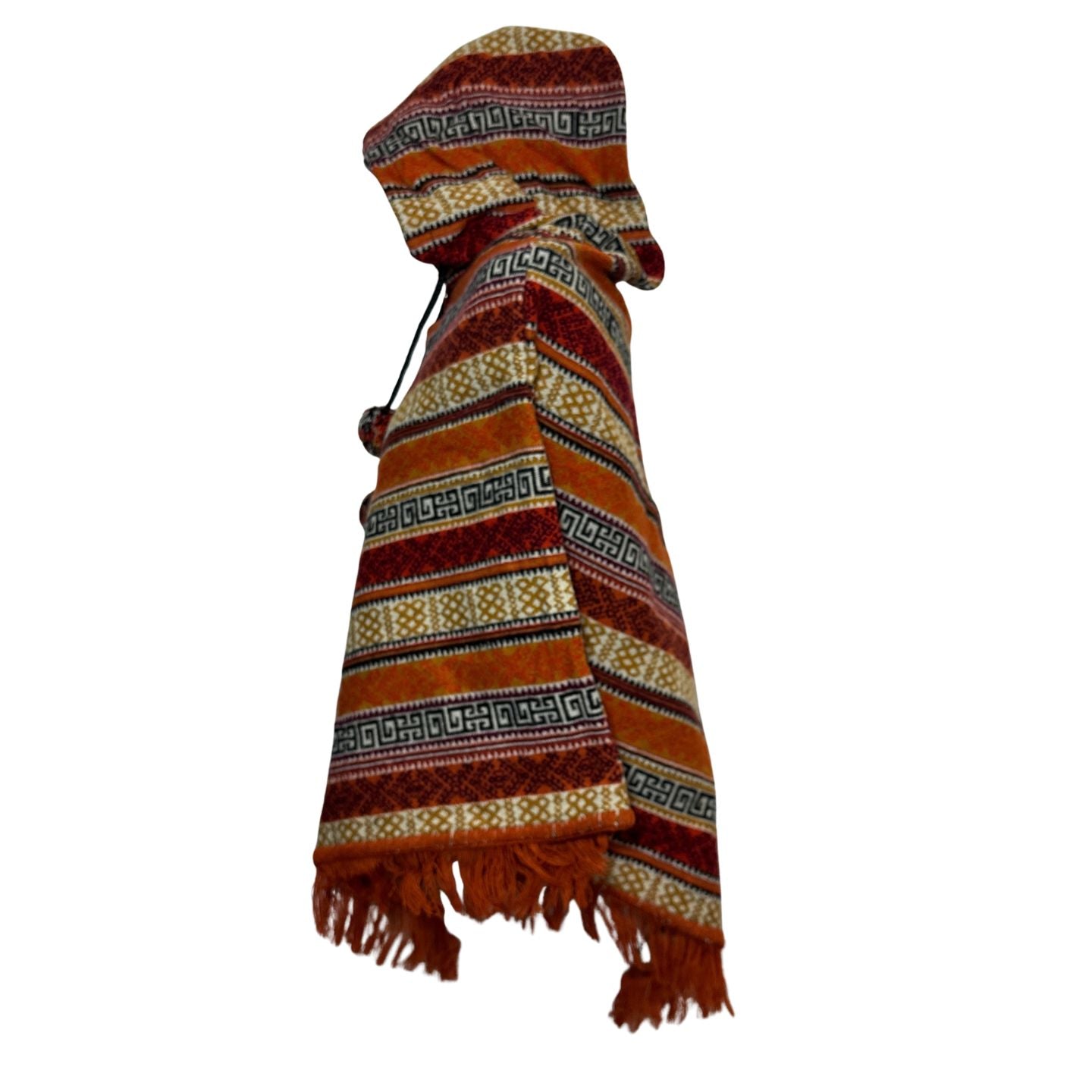 Hooded V-Shaped Poncho with Geometric Stripes & Pom-Poms