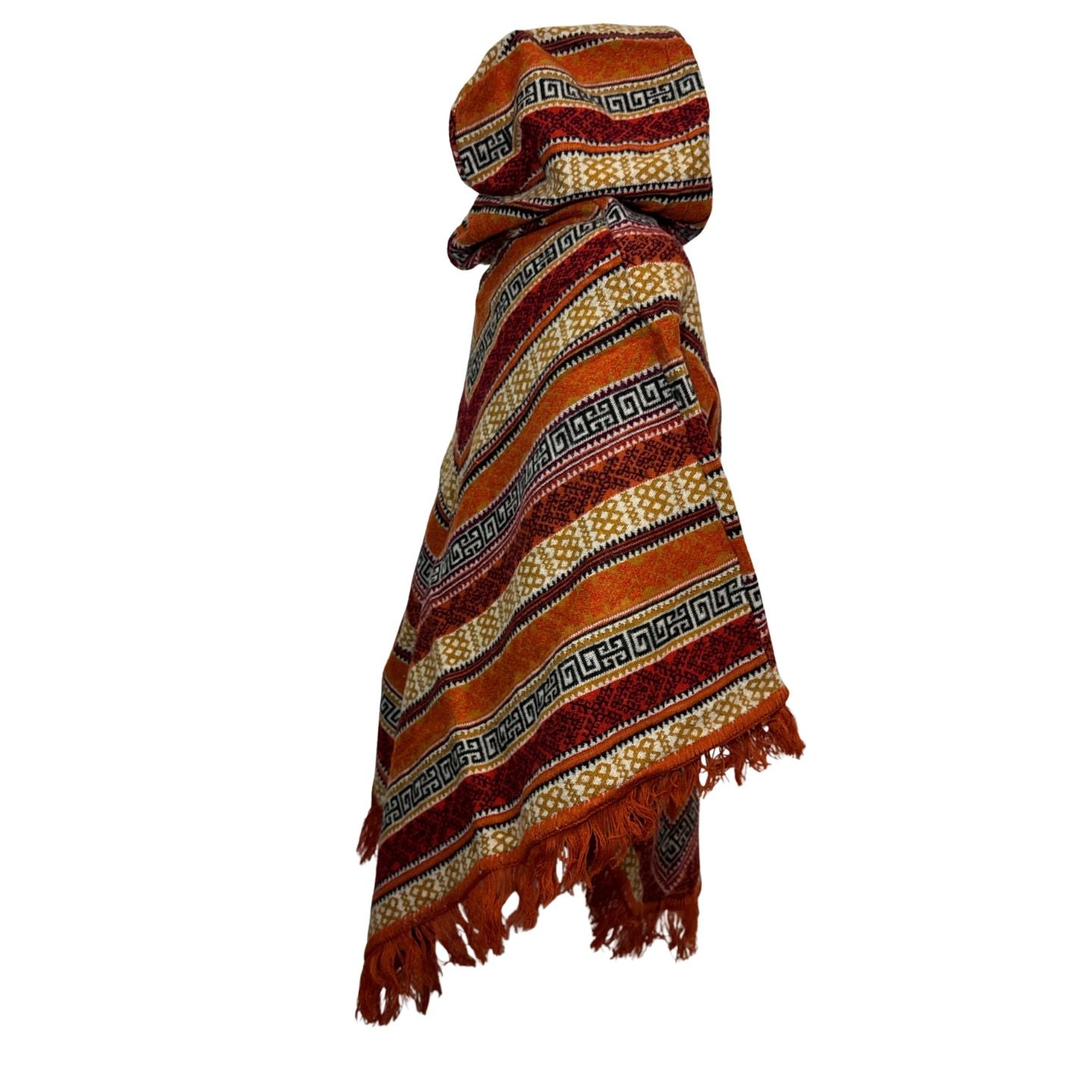 Hooded V-Shaped Poncho with Geometric Stripes & Pom-Poms