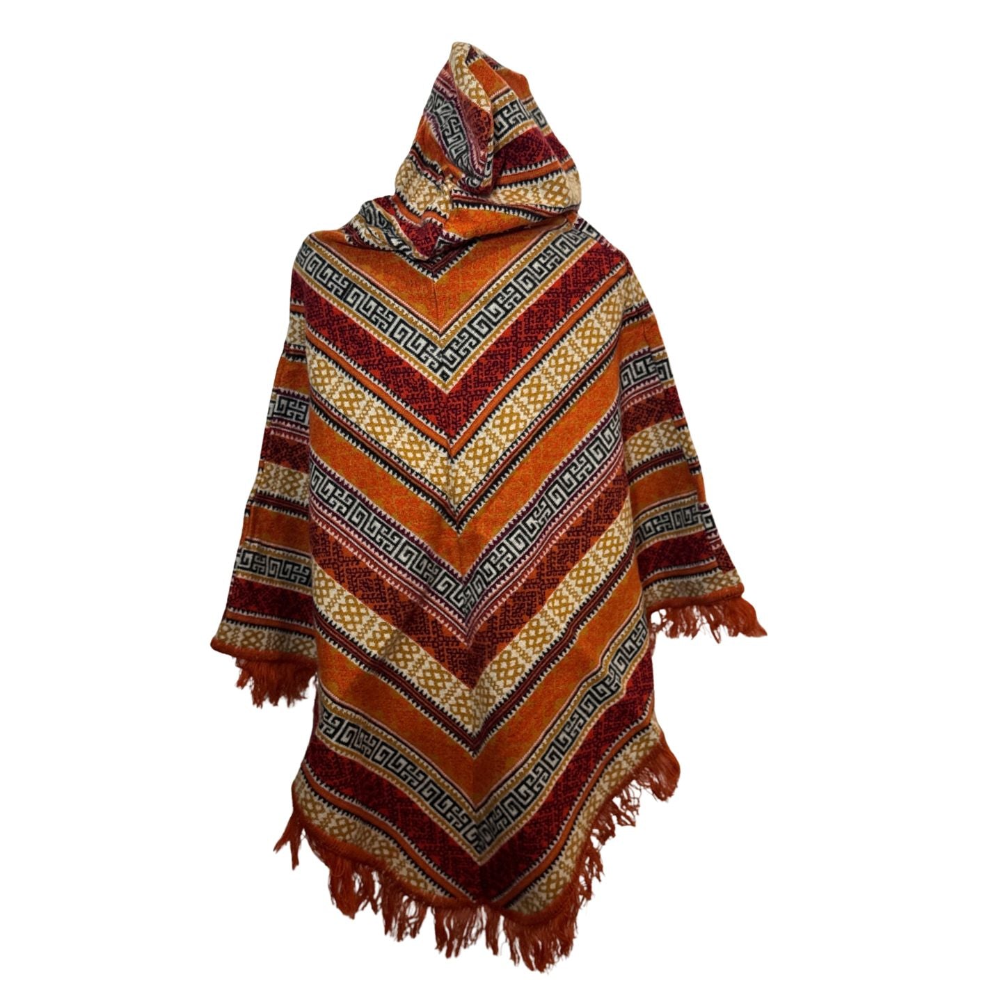 Hooded V-Shaped Poncho with Geometric Stripes & Pom-Poms