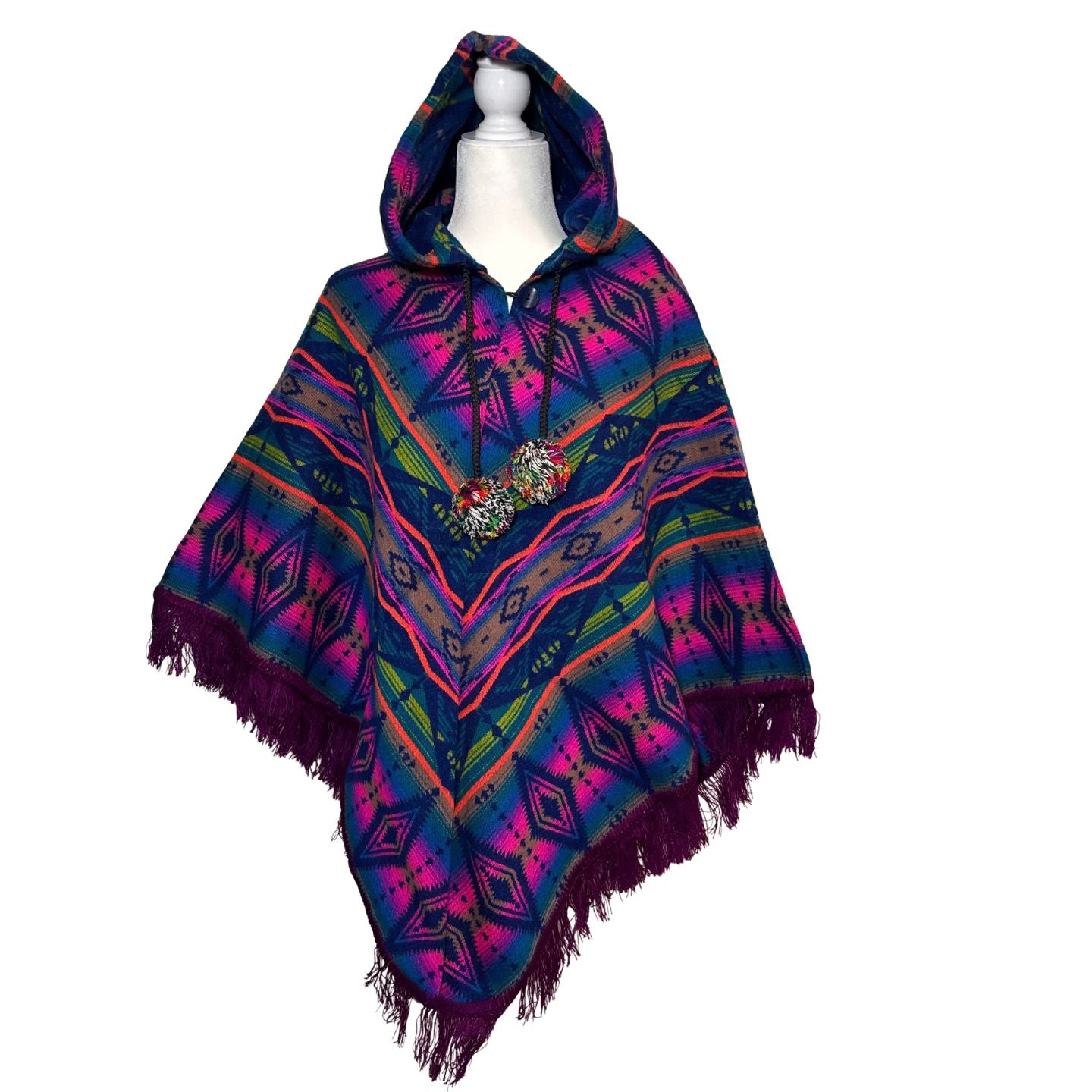 Hooded V-Shaped Poncho with Geometric Stripes & Pom-Poms