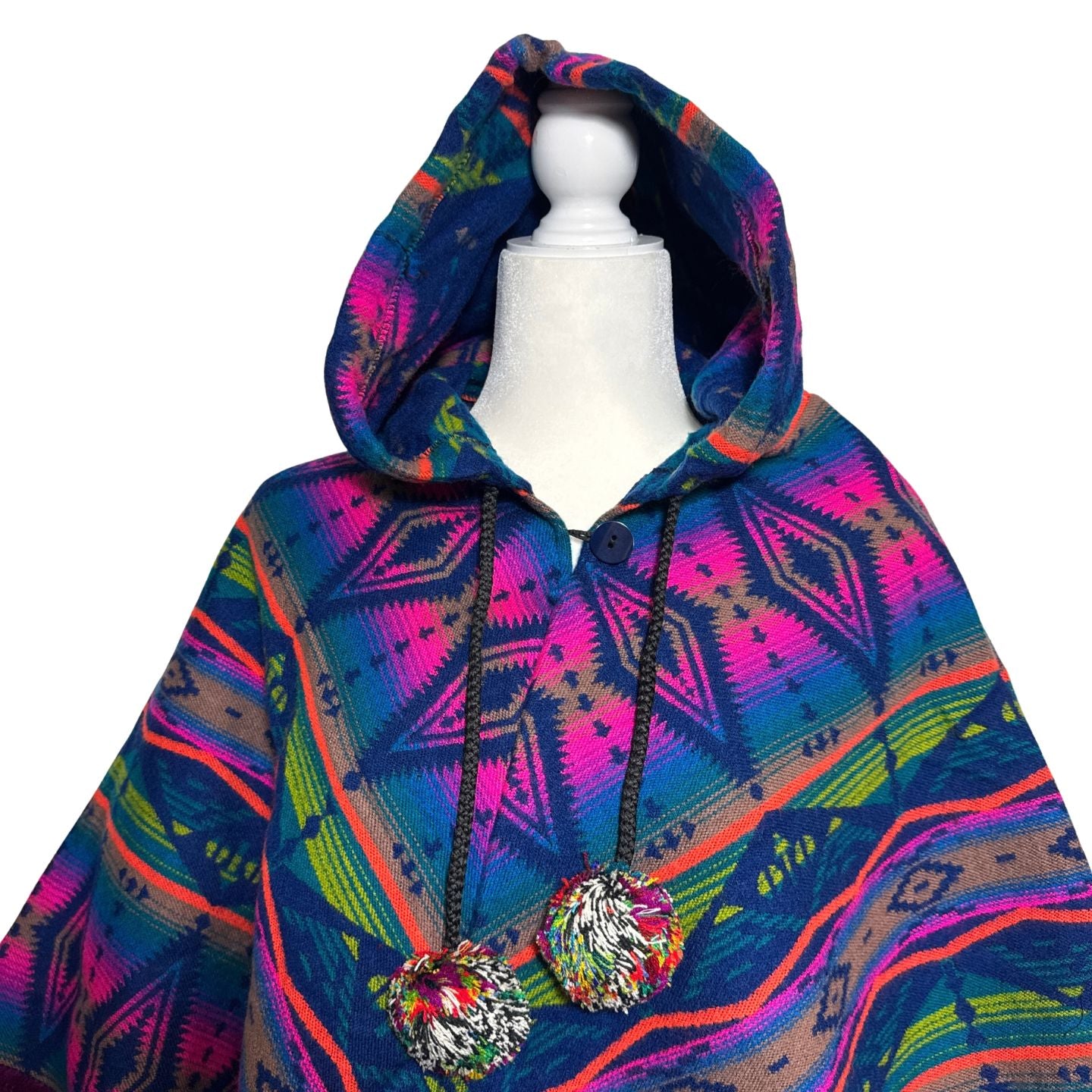 Hooded V-Shaped Poncho with Geometric Stripes & Pom-Poms