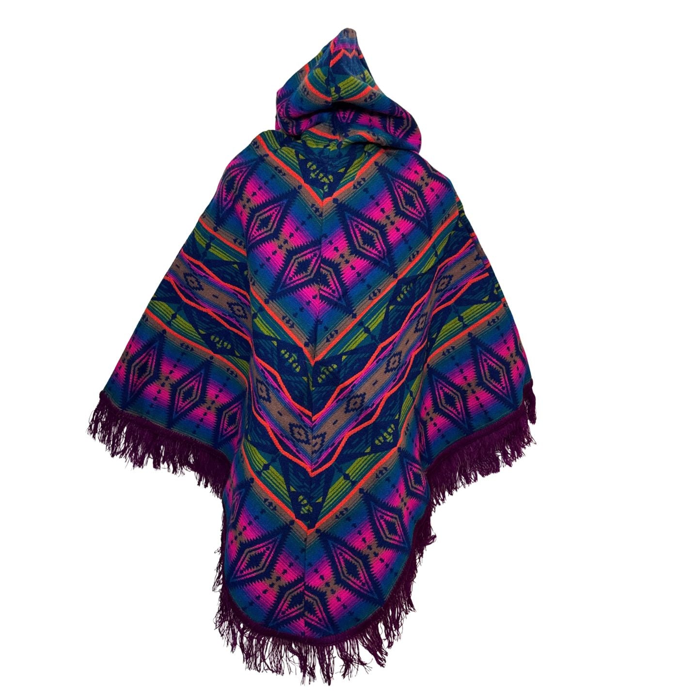 Hooded V-Shaped Poncho with Geometric Stripes & Pom-Poms