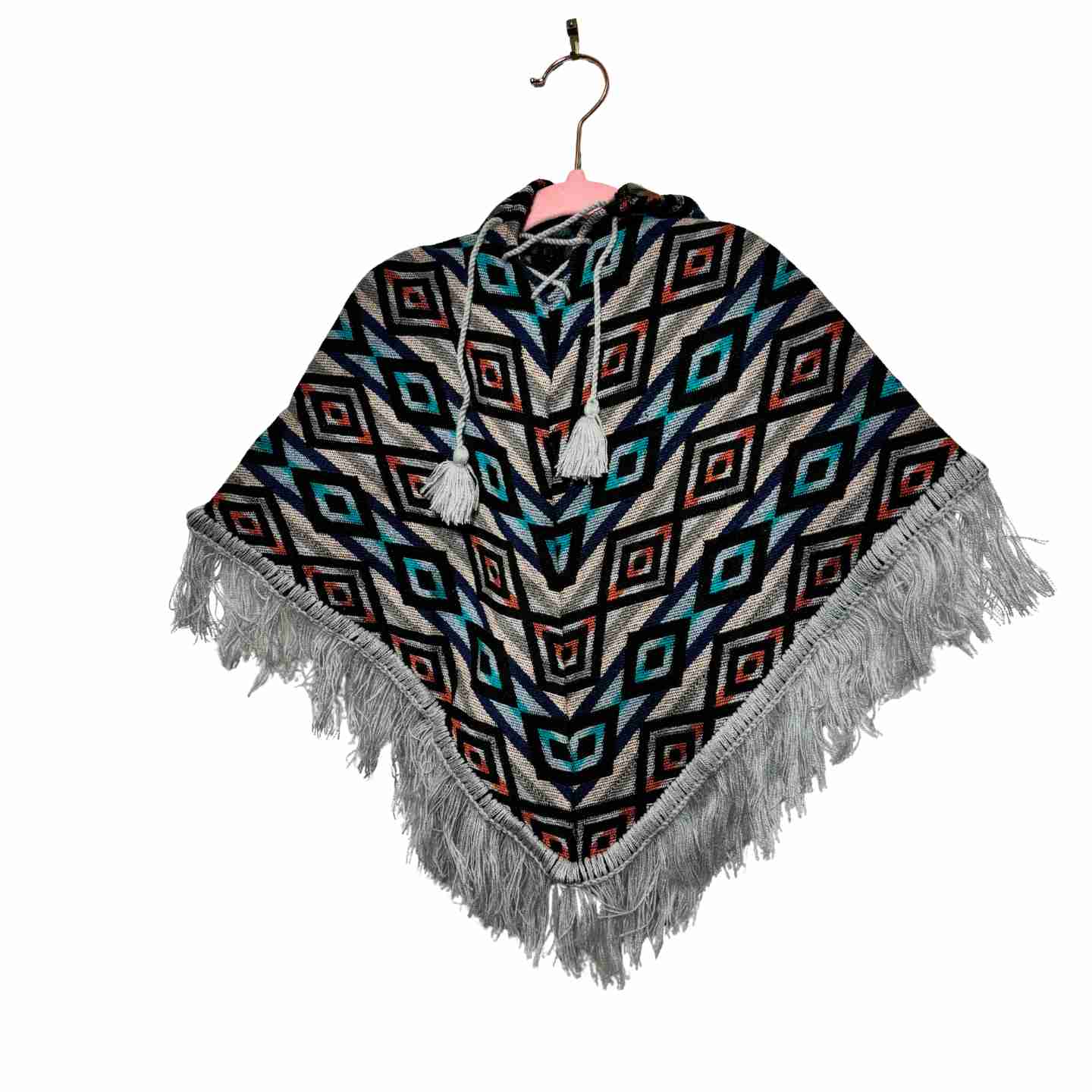 Handcrafted Kids Alpaca Hooded Poncho – Geometric Pattern Outerwear (Size 12M)
