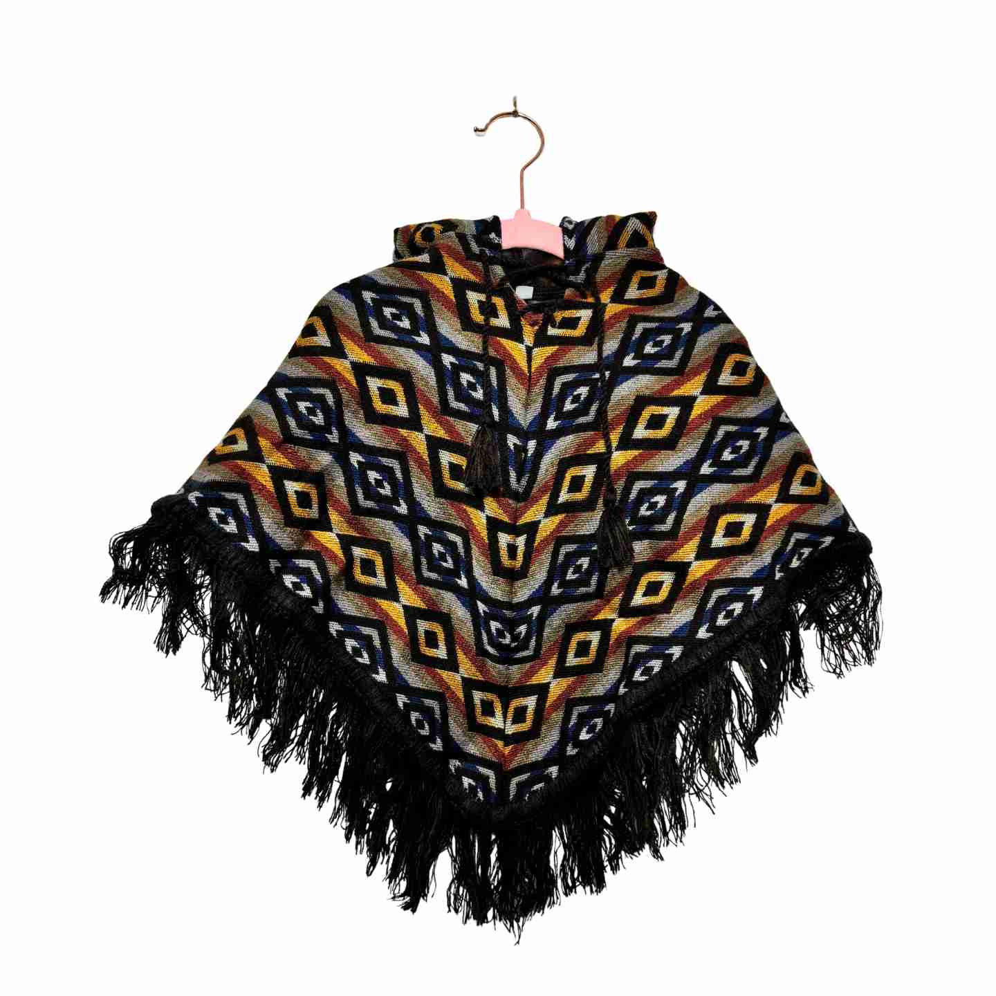 Handcrafted Kids Alpaca Hooded Poncho – Geometric Pattern Outerwear (Size 12M)