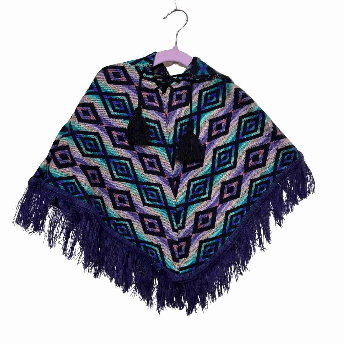 Handcrafted Kids Alpaca Hooded Poncho – Geometric Pattern Outerwear (Size 12M)
