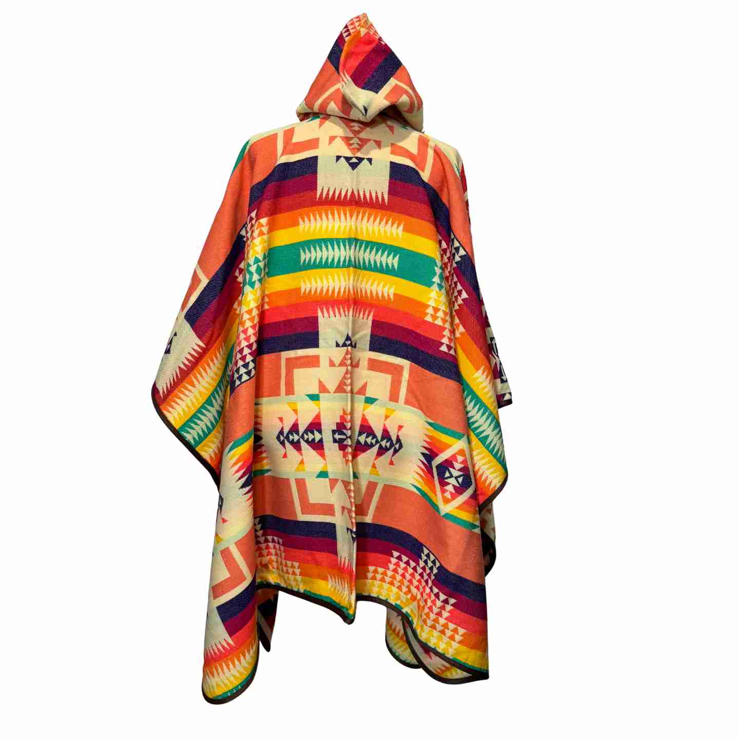 Back view showing soft drape of Cactus Bloom Fiesta hooded poncho