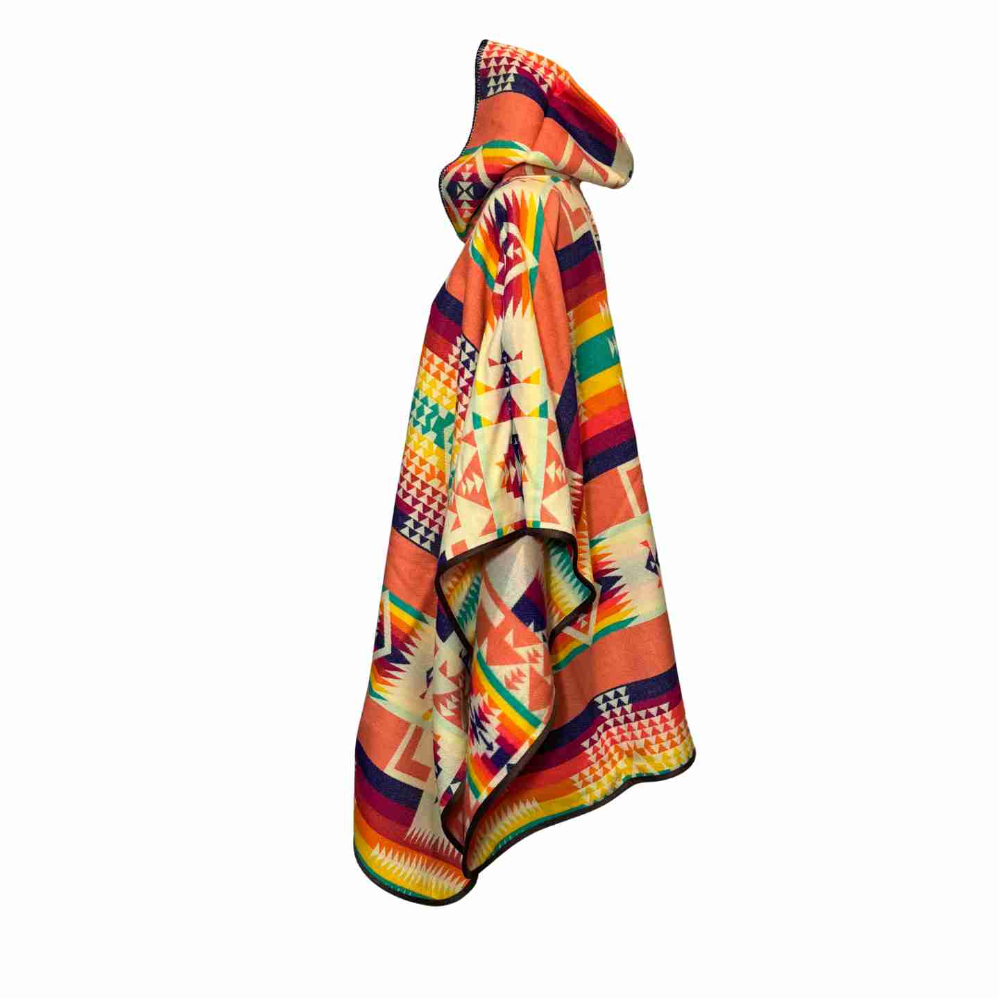 Side angle of orange/multicolor hooded alpaca poncho with layered Andean-style patterns
