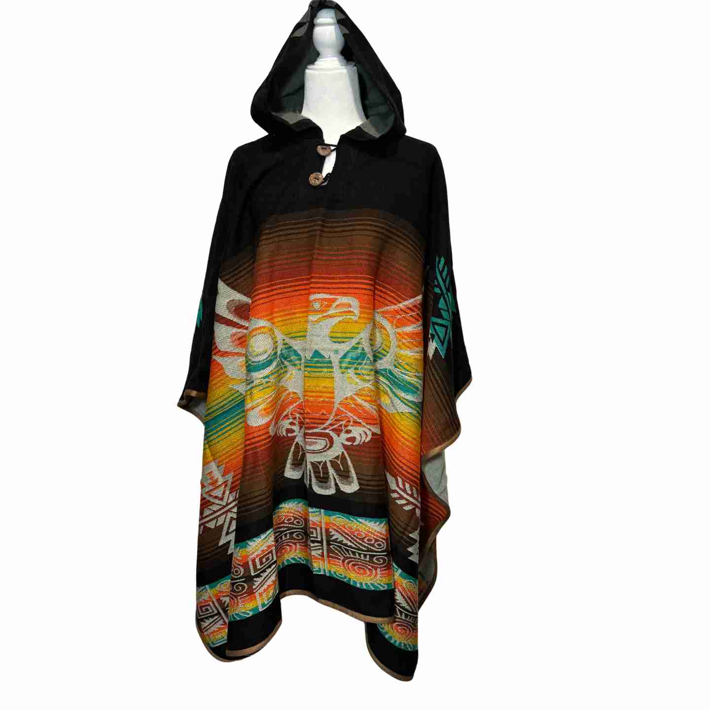 Sky Eagle Dusk hooded alpaca-blend poncho in black with rainbow eagle motif, unisex front view