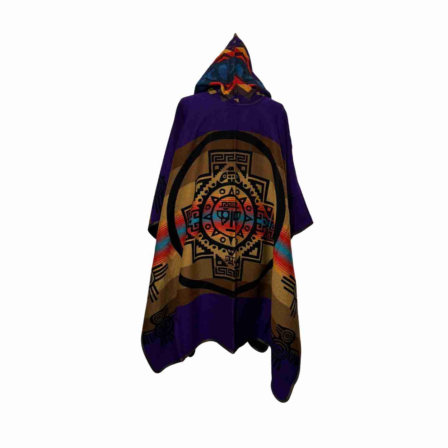 Close-up of purple chakana sun medallion on Sunstone Aura Violet poncho
