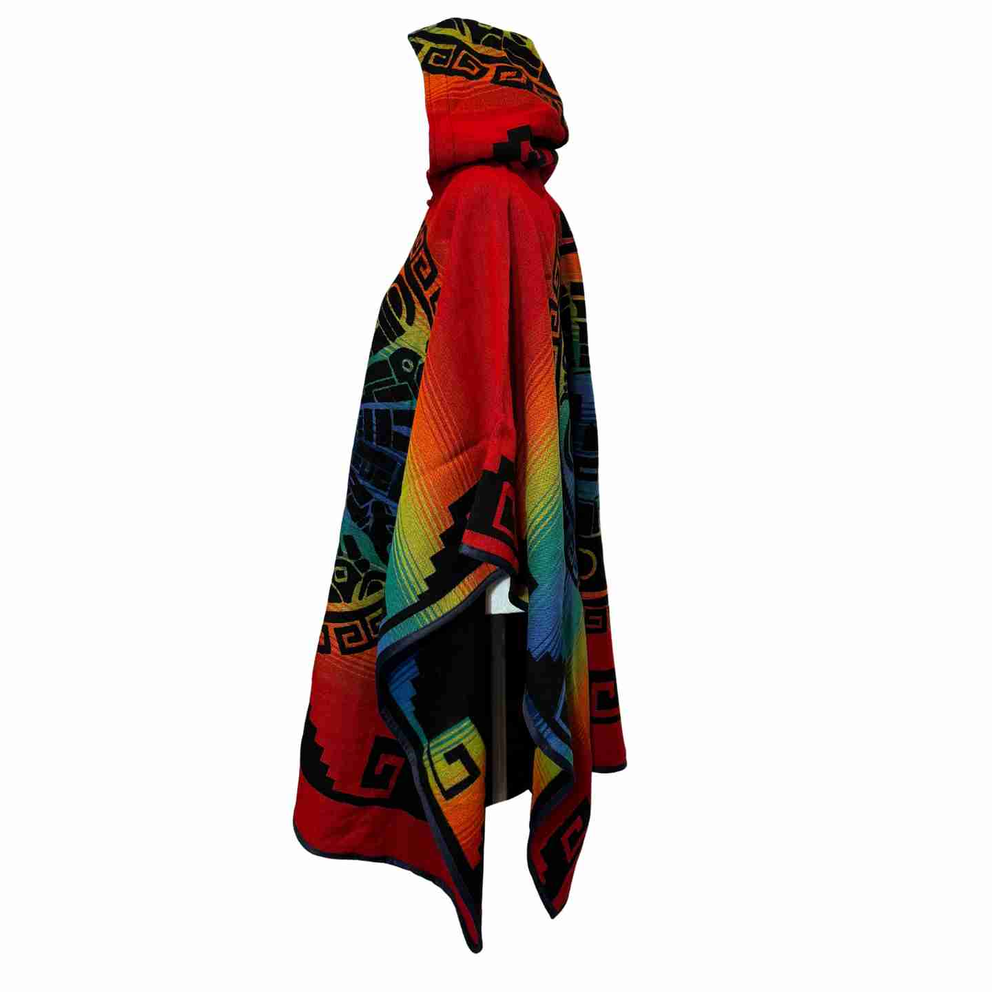 Side angle of red hooded alpaca poncho with sun medallion and gradient borders